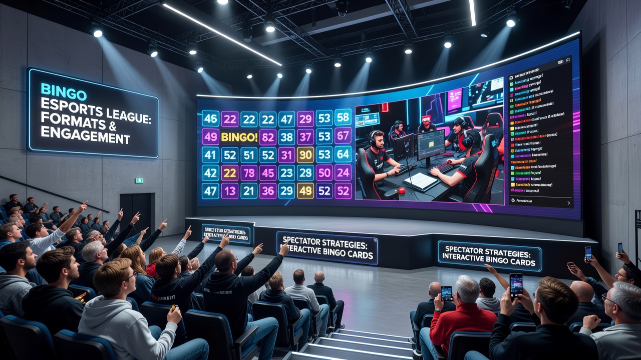 Esports arena with integrated bingo displays showing live tournament grids and audience engagement screens
