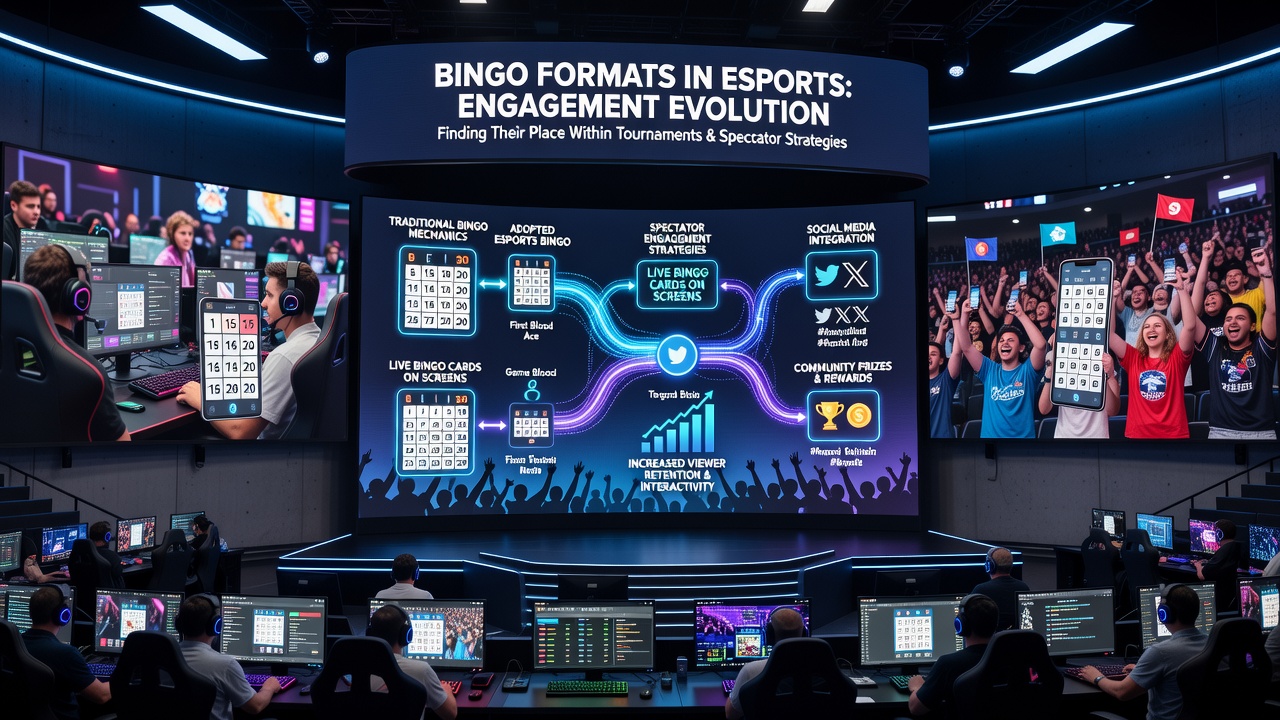 Spectators in an esports venue using mobile devices to play synchronized bingo during live tournament matches