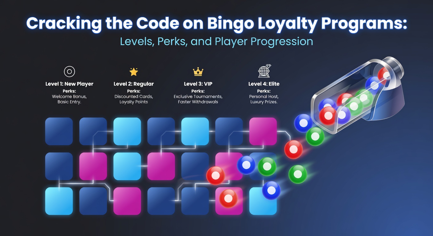 Players advancing through colorful loyalty tiers on a bingo site dashboard, showing badges and reward icons