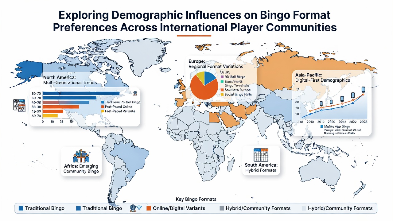 Map overlay showing bingo format popularity by country with demographic icons representing age and gender breakdowns