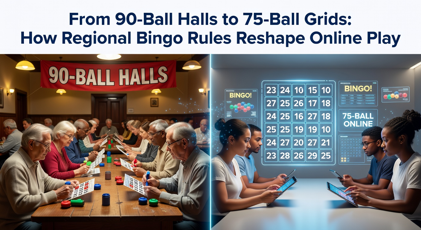Crowded bingo hall filled with players huddled over 90-ball cards, markers poised amid the hum of called numbers