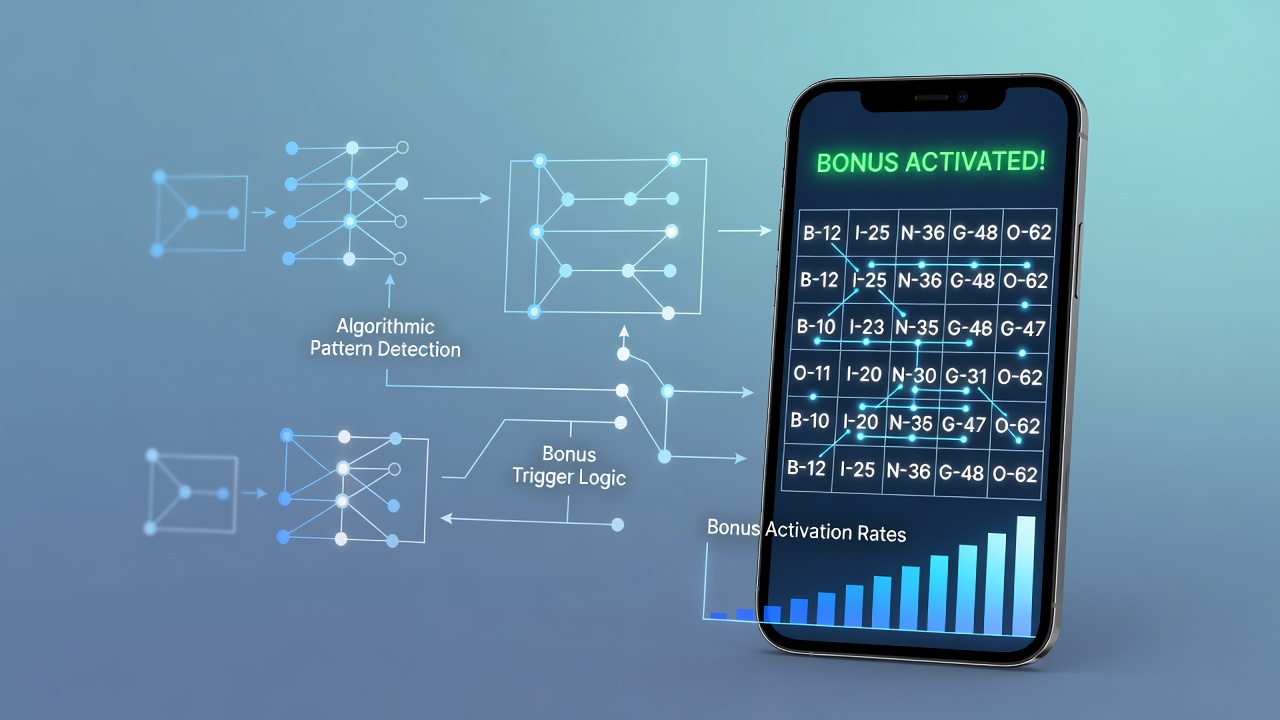 Close-up of bingo software interface on a handheld device displaying algorithmic bonus trigger indicators and activation metrics