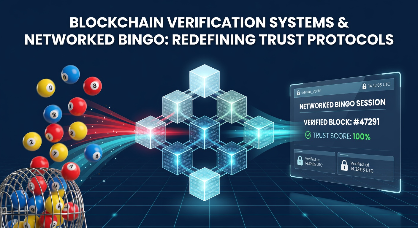 Blockchain verification network diagram illustrating secure bingo draw recording across distributed nodes