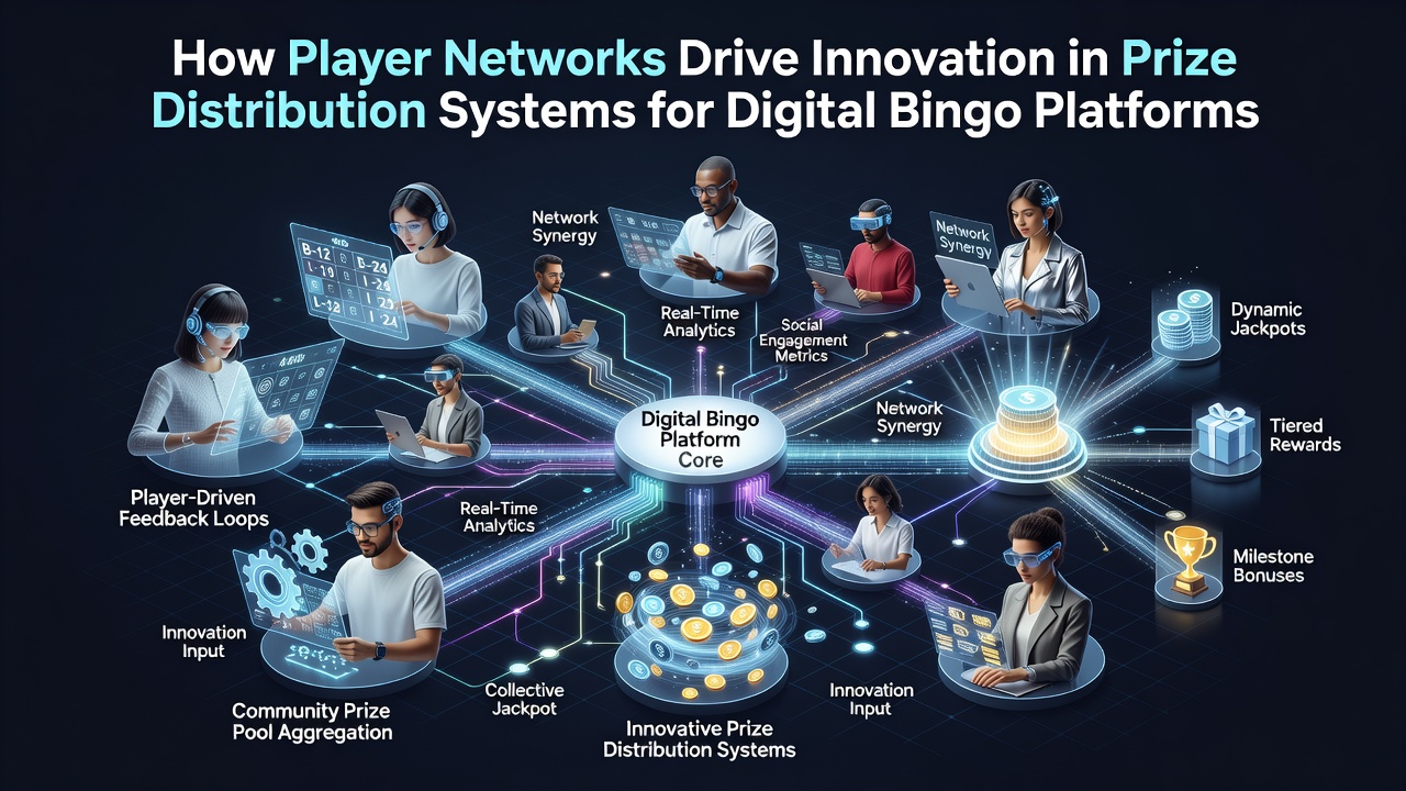Networked bingo players interacting across digital platforms with prize pool visualizations