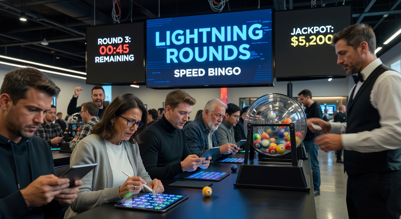 Dynamic screenshot of a lightning round bingo game showing rapid number calls, colorful cards filling up, and a timer ticking down amid flashing lights and player chat bubbles