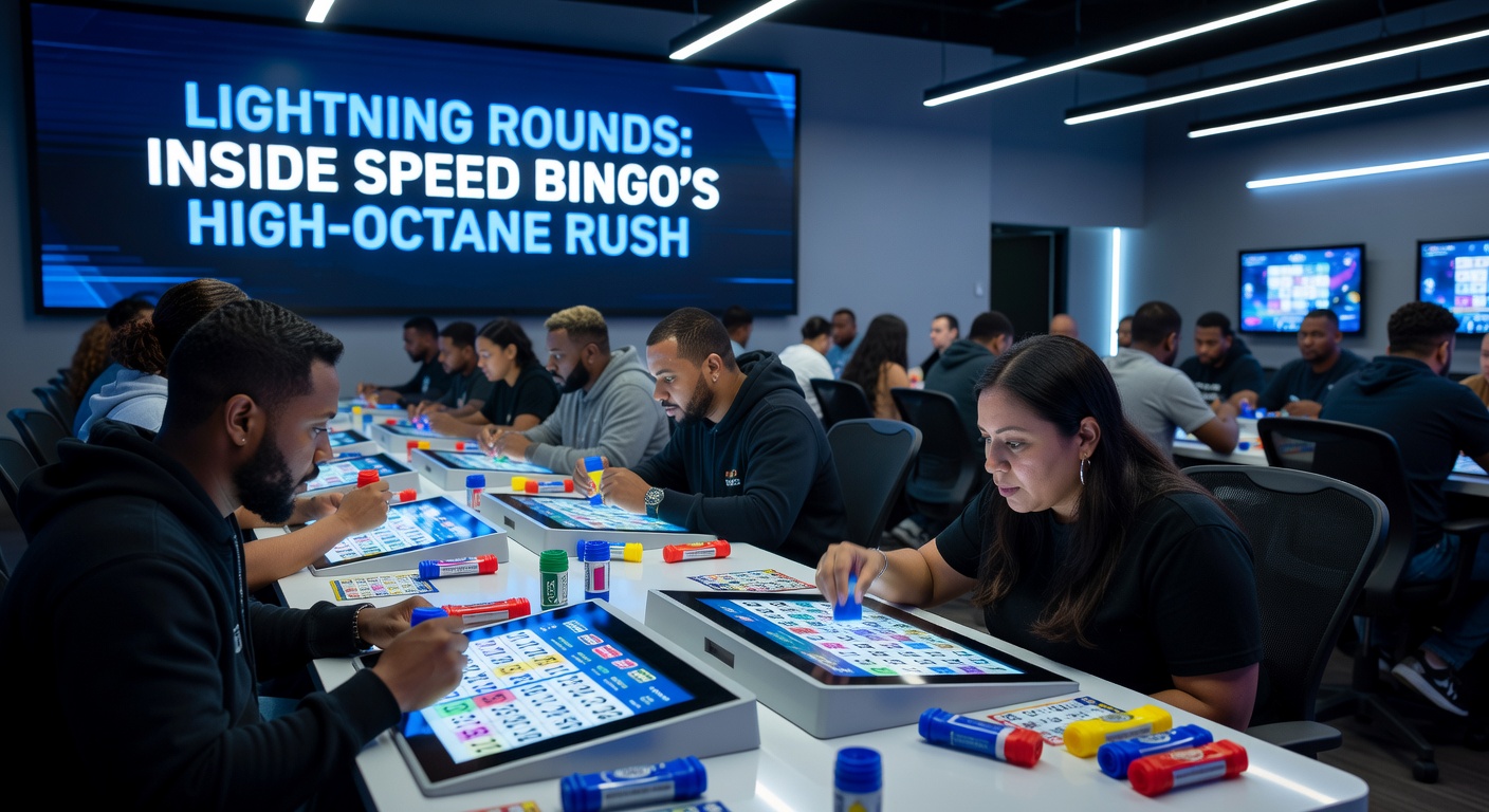 Close-up of a mobile screen during a lightning bingo round, with blurred motion effects on spinning numbers, progress bars, and a cluster of winning player avatars celebrating