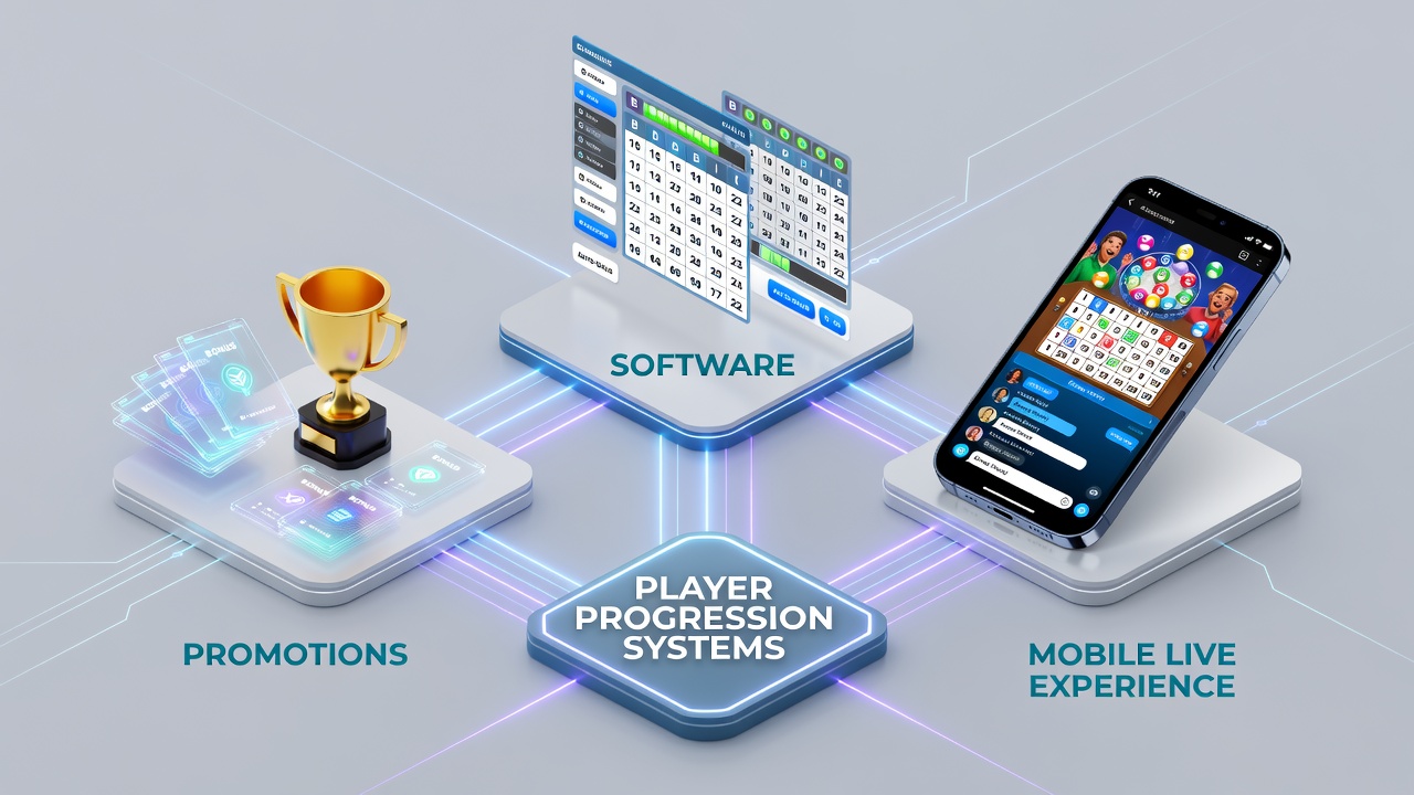 Screenshot of mobile bingo app displaying live game interface with progression bar and promotional notifications