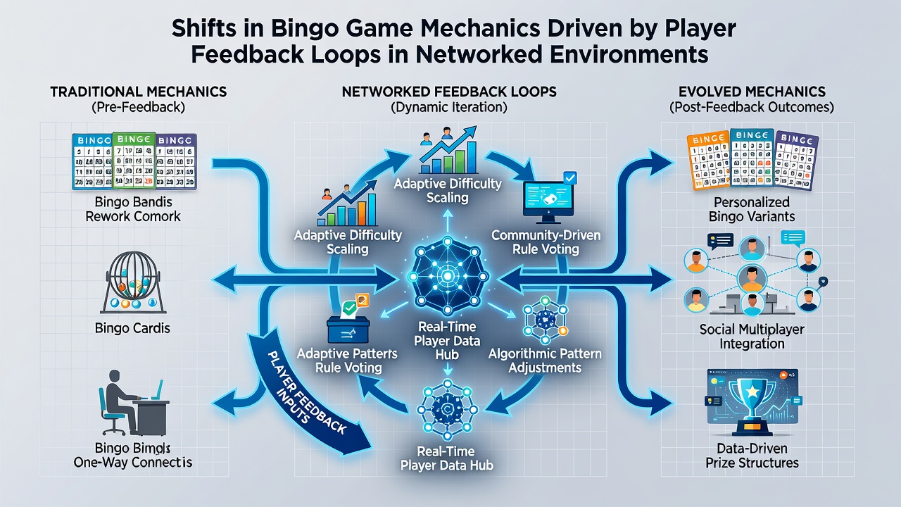 Illustration of feedback-driven bingo room customization with multiple player profiles and dynamic rule indicators