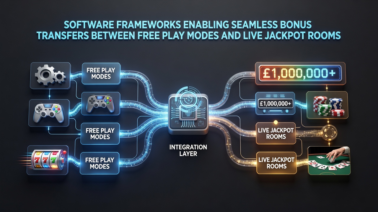 Diagram of software architecture linking free play bonuses to live jackpot tracking
