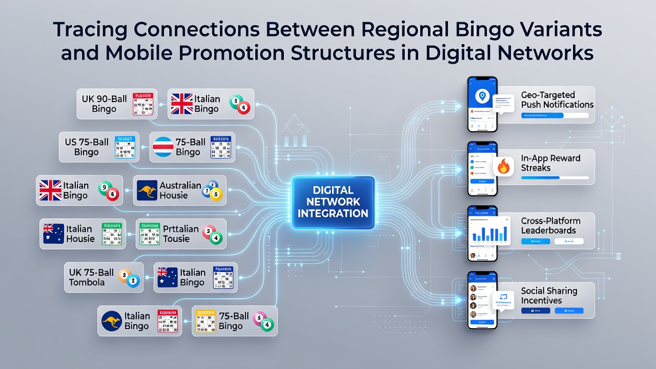Mobile screen mockup displaying variant-specific bingo promotions linked through a digital network diagram