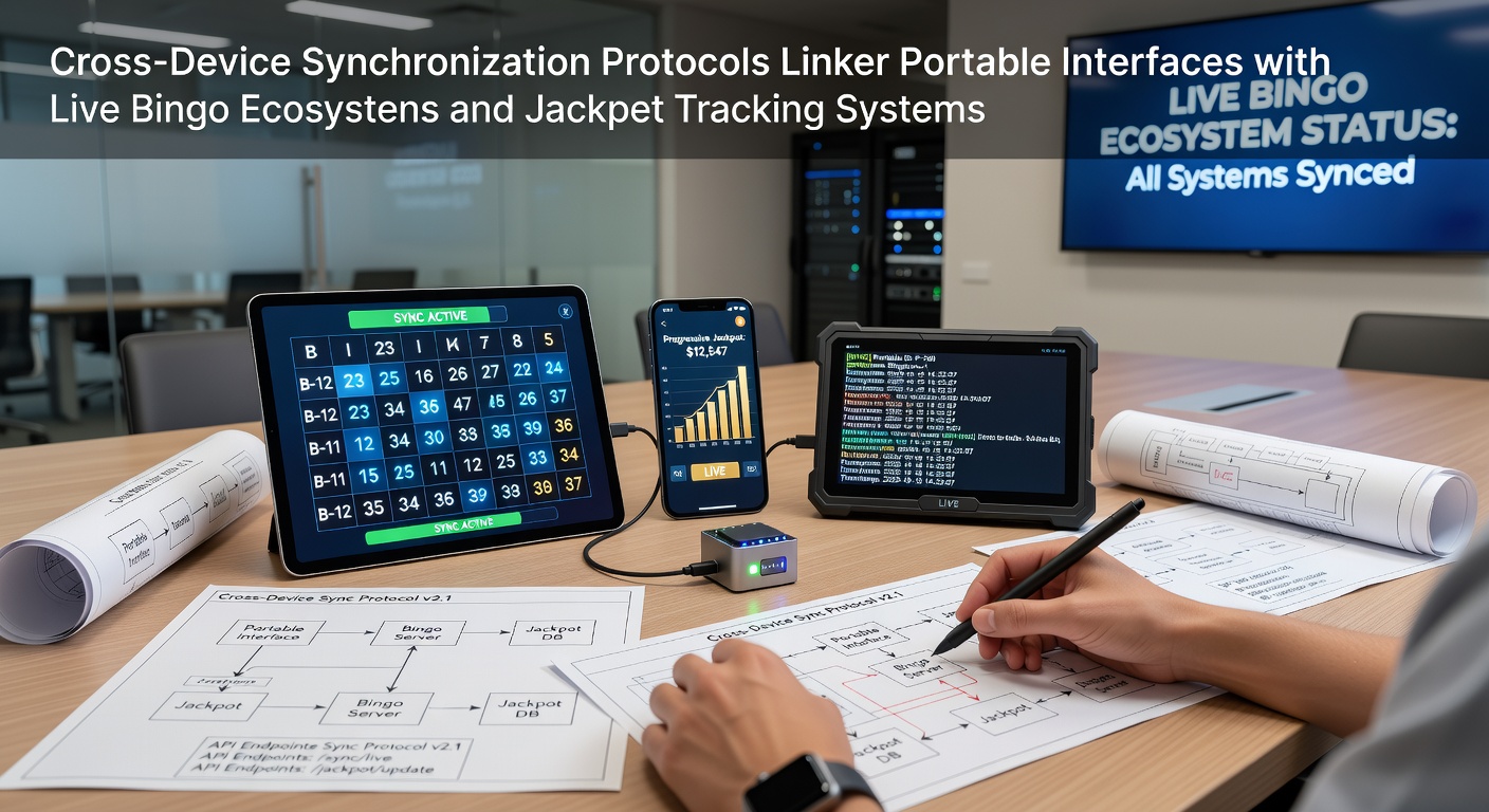 Illustration of cross-device synchronization in bingo platforms showing mobile and desktop interfaces connected through live data streams